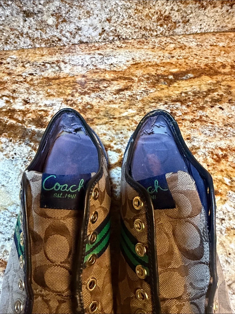 Coach Tan Signature Canvas Slip-On Sneakers with Green & Navy Accents
